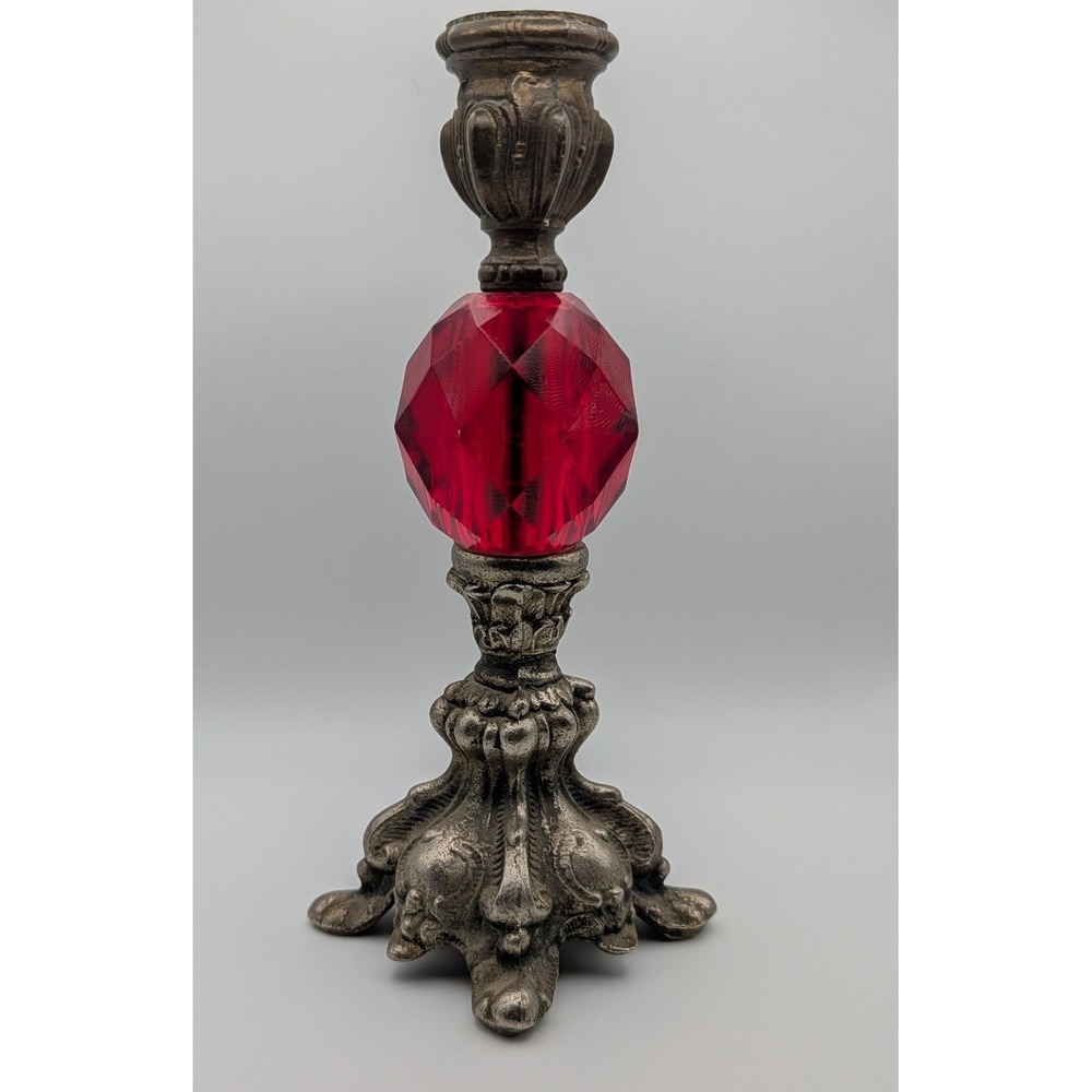 Hollywood Regency Ornate Brass Candlestick Holder with Red Lucite Gem 8 inch MCM